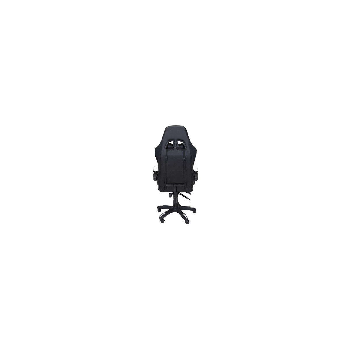 Schwarzer Gaming-Stuhl mit weißer Akzentuierung, von hinten gesehen, auf Rollen.
