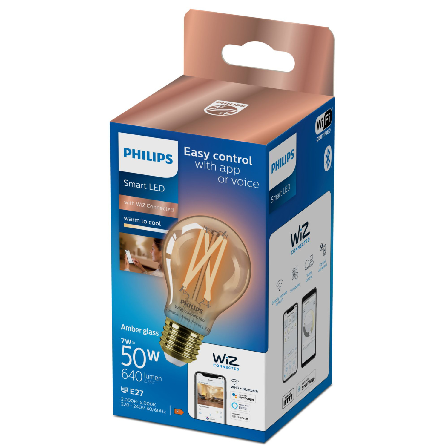 Embalaje de bombilla LED inteligente Philips, vidrio ámbar, con control por app y voz.