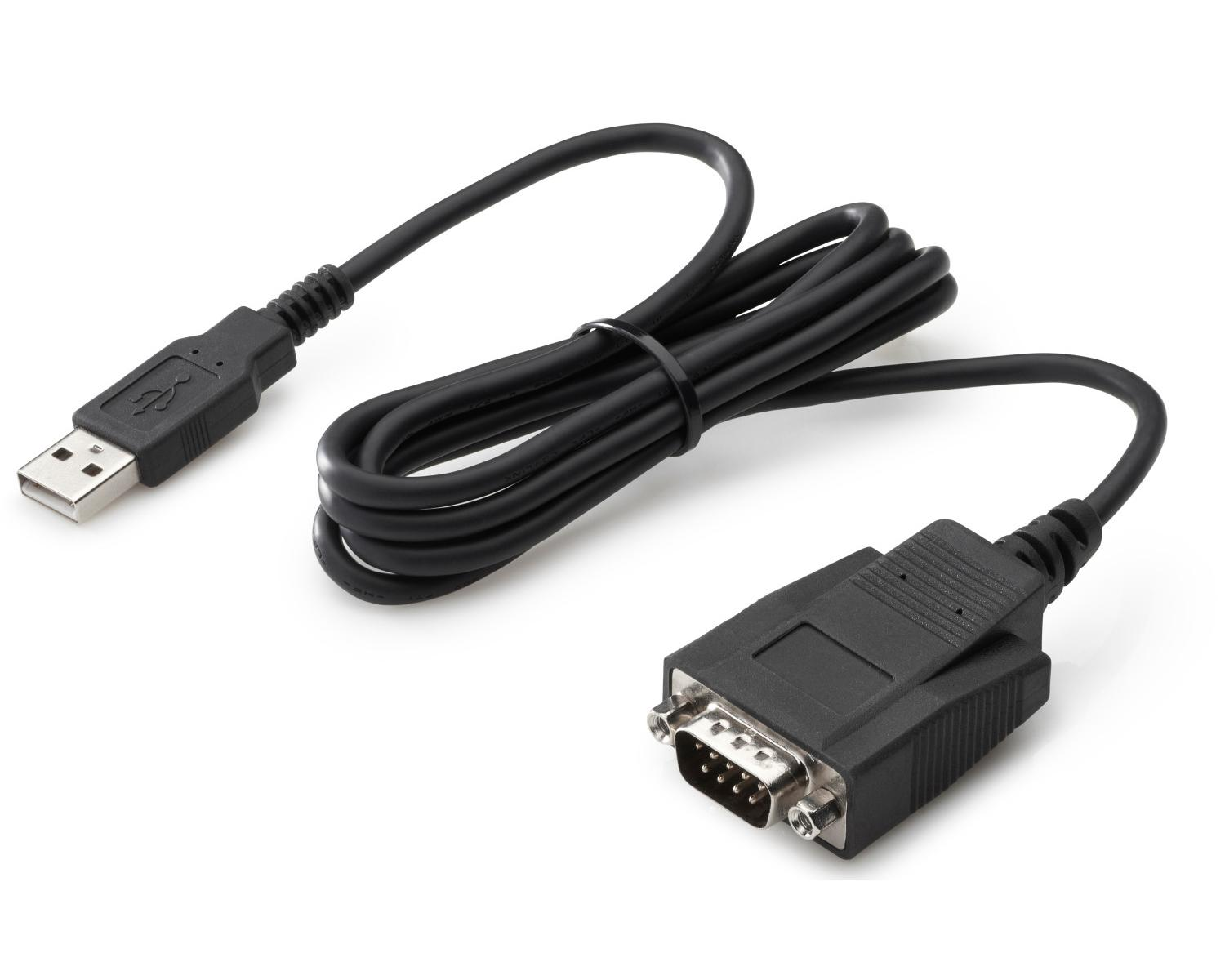 Cavo adattatore seriale USB a DB9 nero con connettori su sfondo bianco.