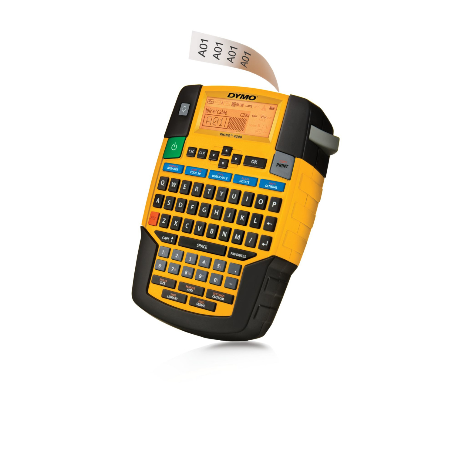Yellow Dymo Rhino 4200 label maker with QWERTY keyboard and screen, printing a label.