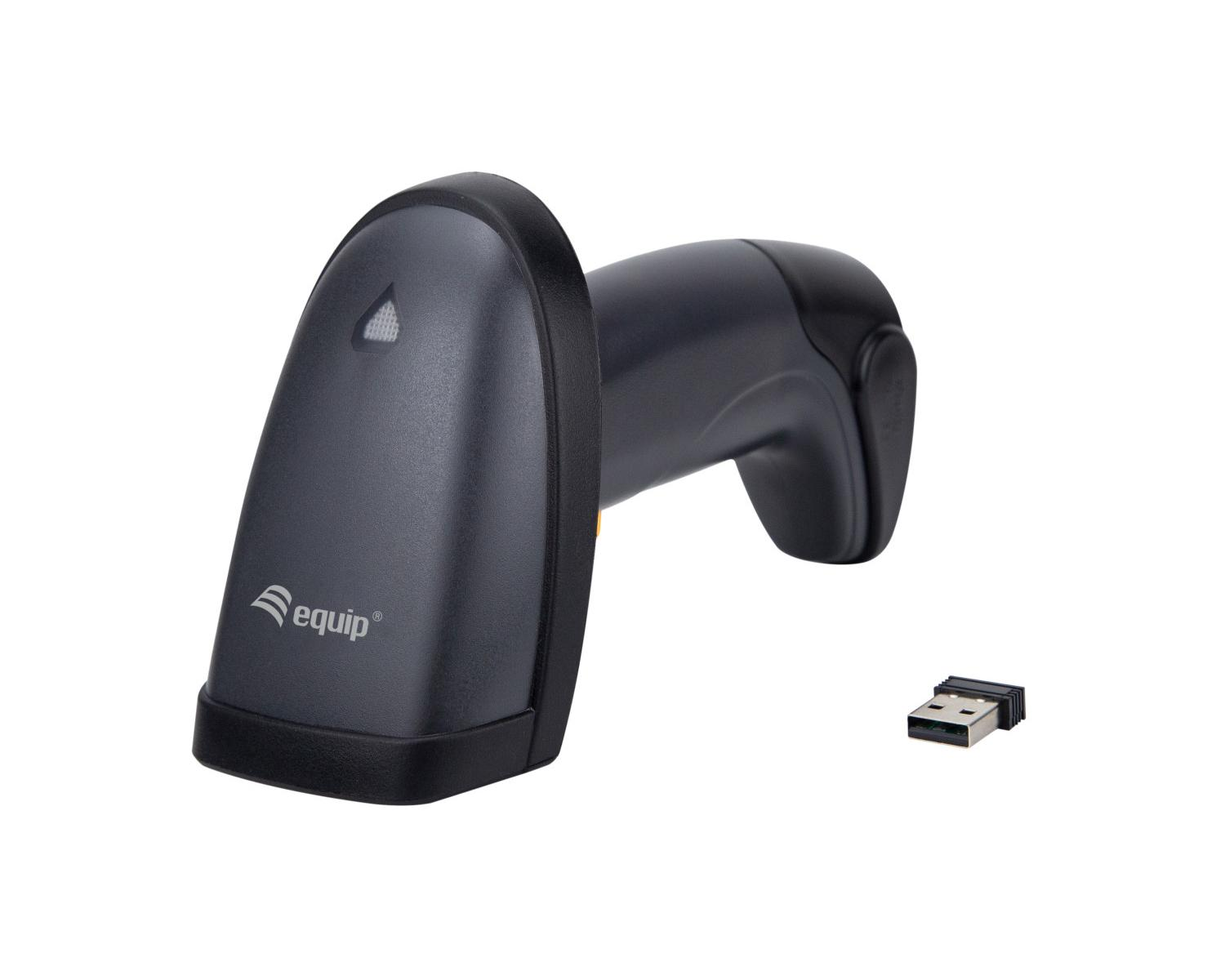 Uno scanner di codici a barre nero con un dongle USB su sfondo bianco.