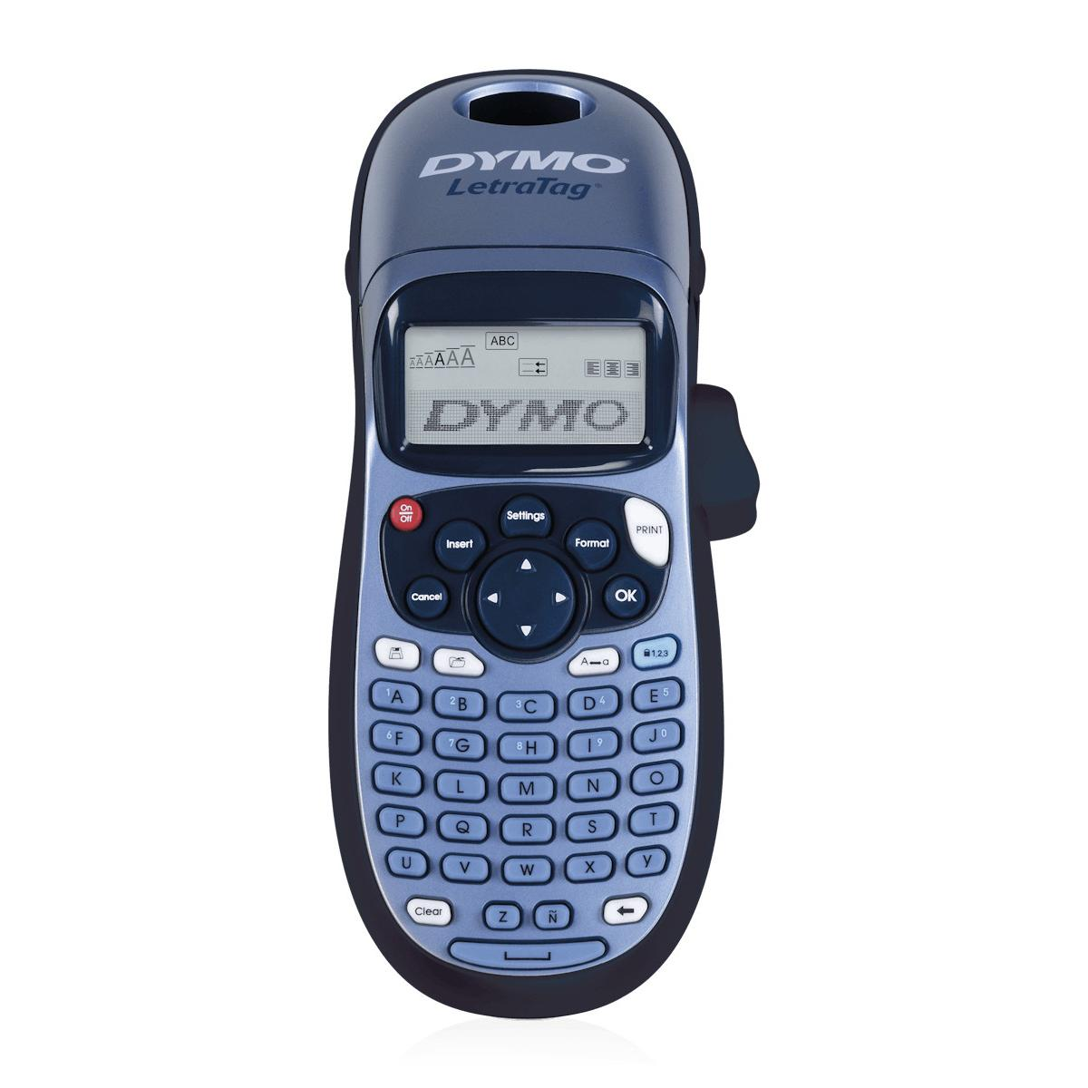 Ein blauer Dymo Letratag Etikettendrucker mit QWERTZ-Tastatur und LCD-Bildschirm.