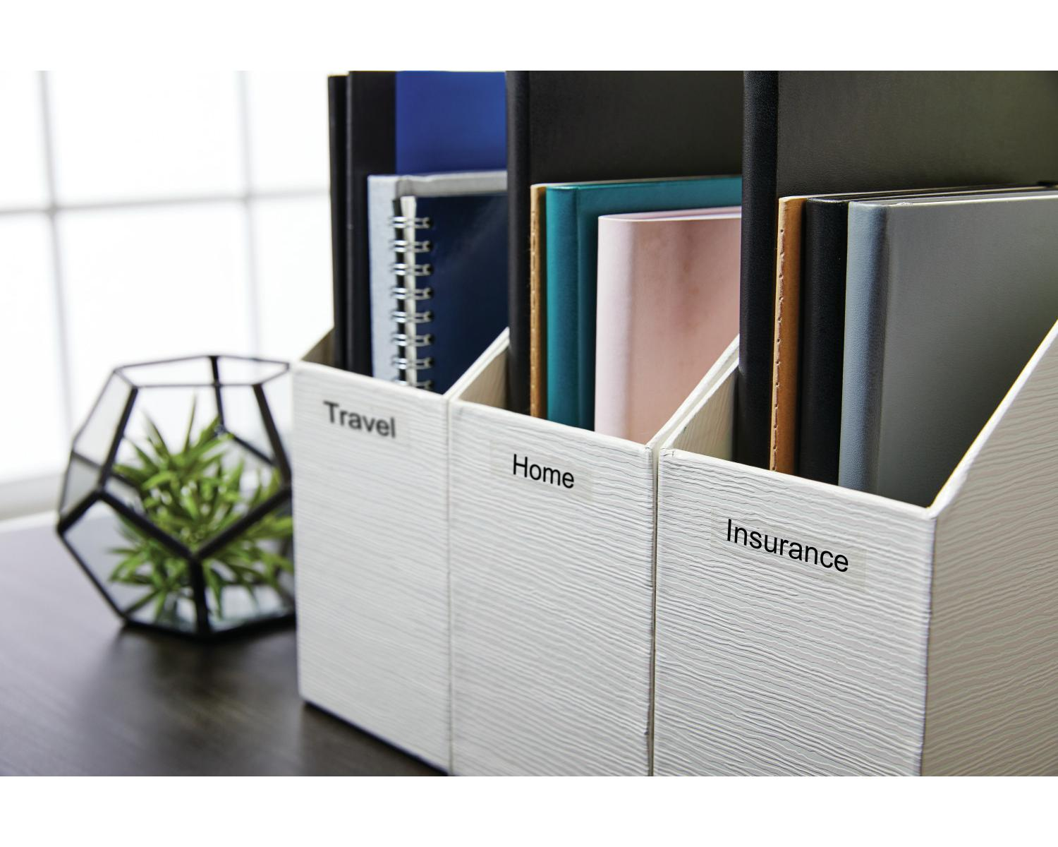 White organizers labeled Travel, Home, Insurance. Plant decor to the left.
