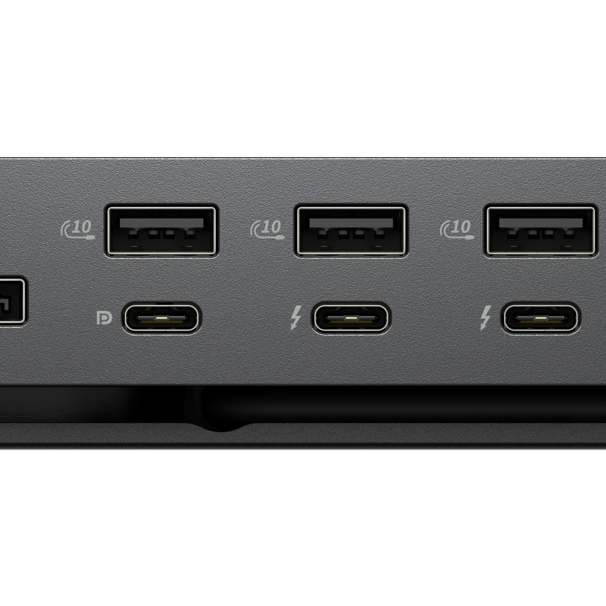 Grauer Anschlussbereich mit drei USB-A- und drei USB-C-Anschlüssen.