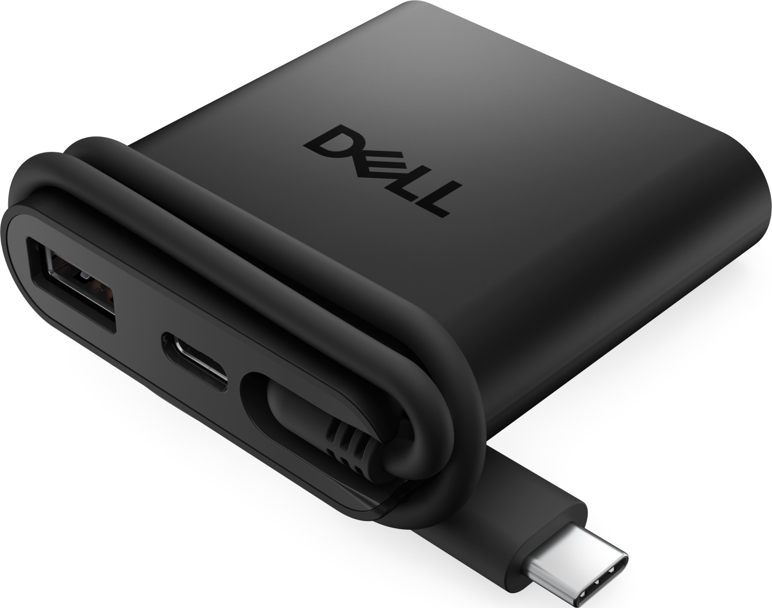 USB-A, USB-C ve kablolu siyah Dell powerbank.