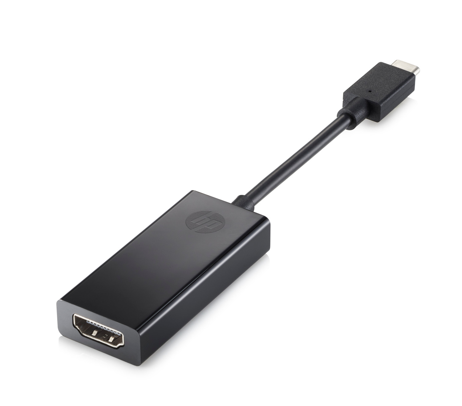 Cable adaptador HP USB-C a HDMI negro con un puerto HDMI y un conector USB-C.