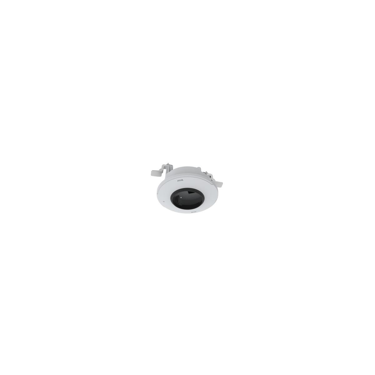 Une caméra de surveillance blanche avec objectif noir et supports argentés.