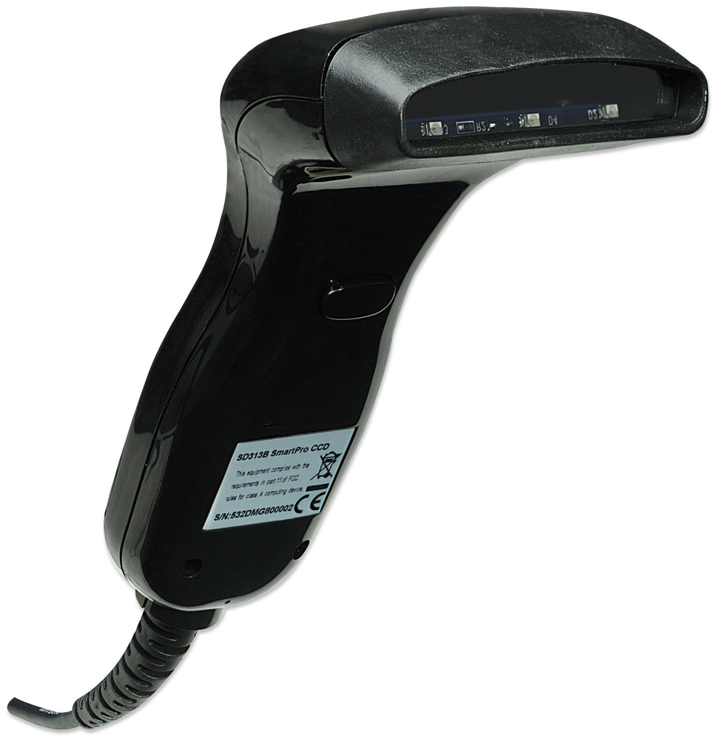 Scanner di codici a barre nero con cavo ed etichetta con modello e numero di serie.