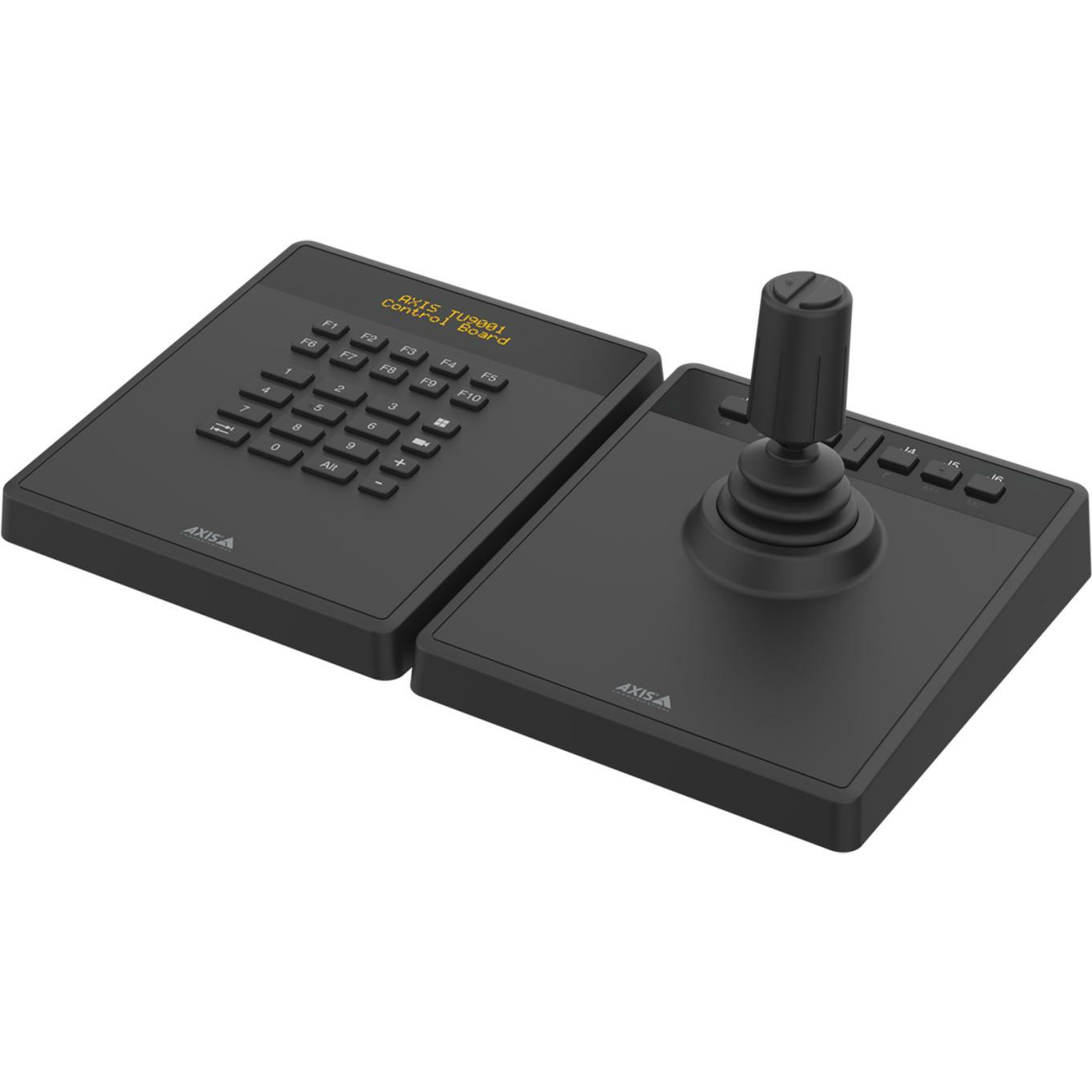 Ein schwarzes Bedienfeld mit Joystick und Tastatur, beschriftet mit AXIS TU9001.