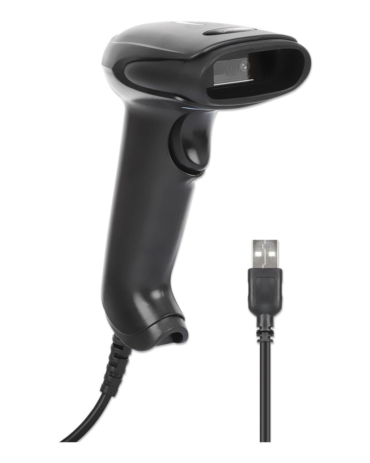 Uno scanner di codici a barre portatile nero con cavo USB su sfondo bianco.