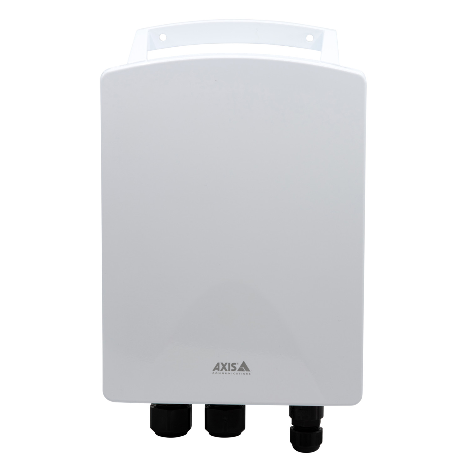 Un appareil blanc Axis Communications avec trois connecteurs noirs en bas.