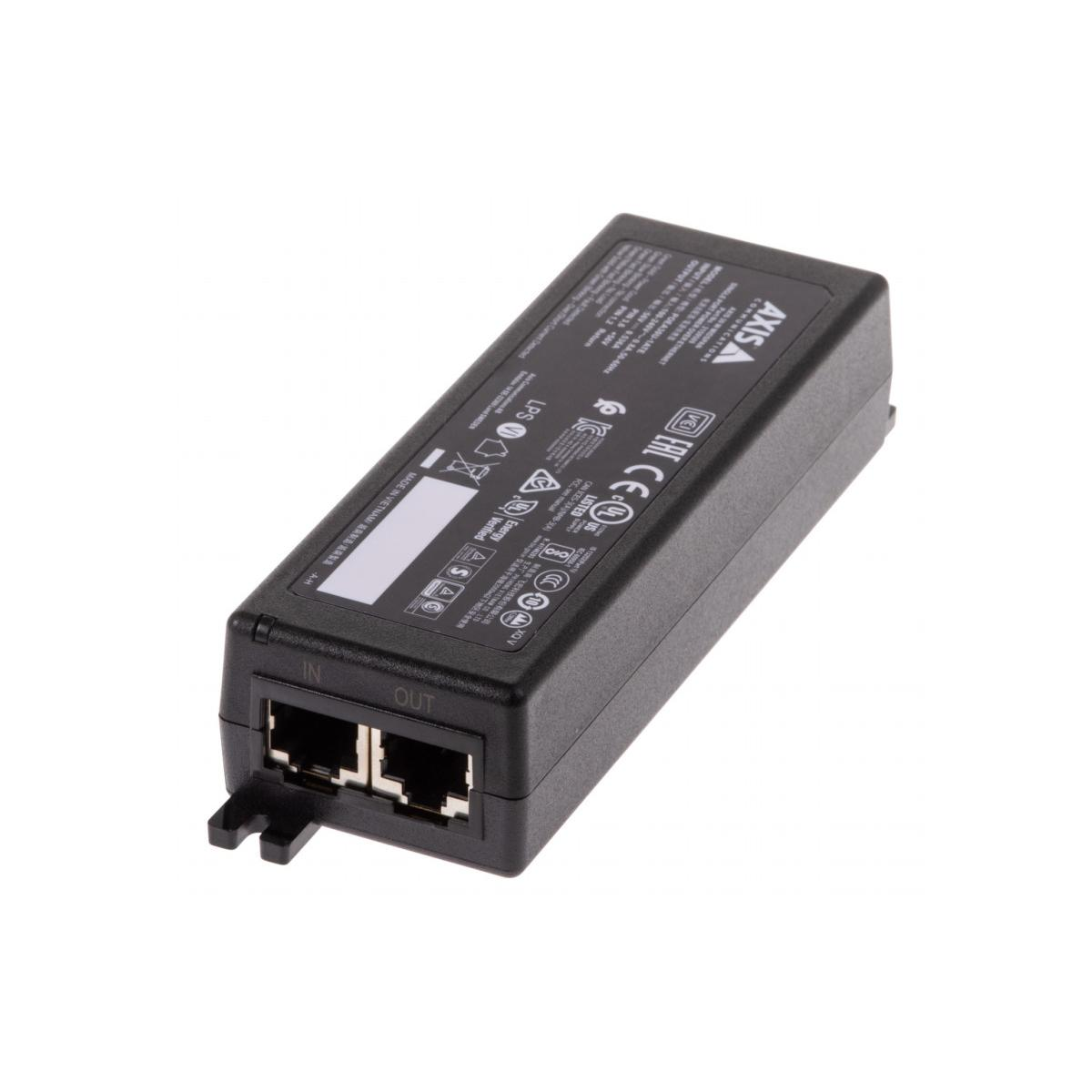 Adattatore di alimentazione Axis nero con due porte Ethernet ed etichette.