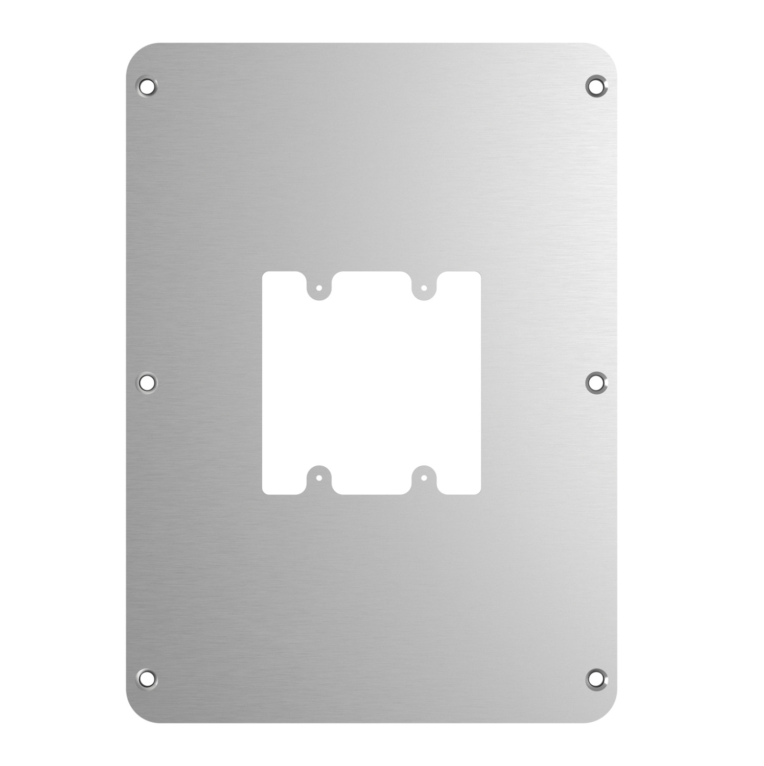 Eine rechteckige silberne Metallplatte mit einem zentralen rechteckigen Ausschnitt und vier runden Löchern.