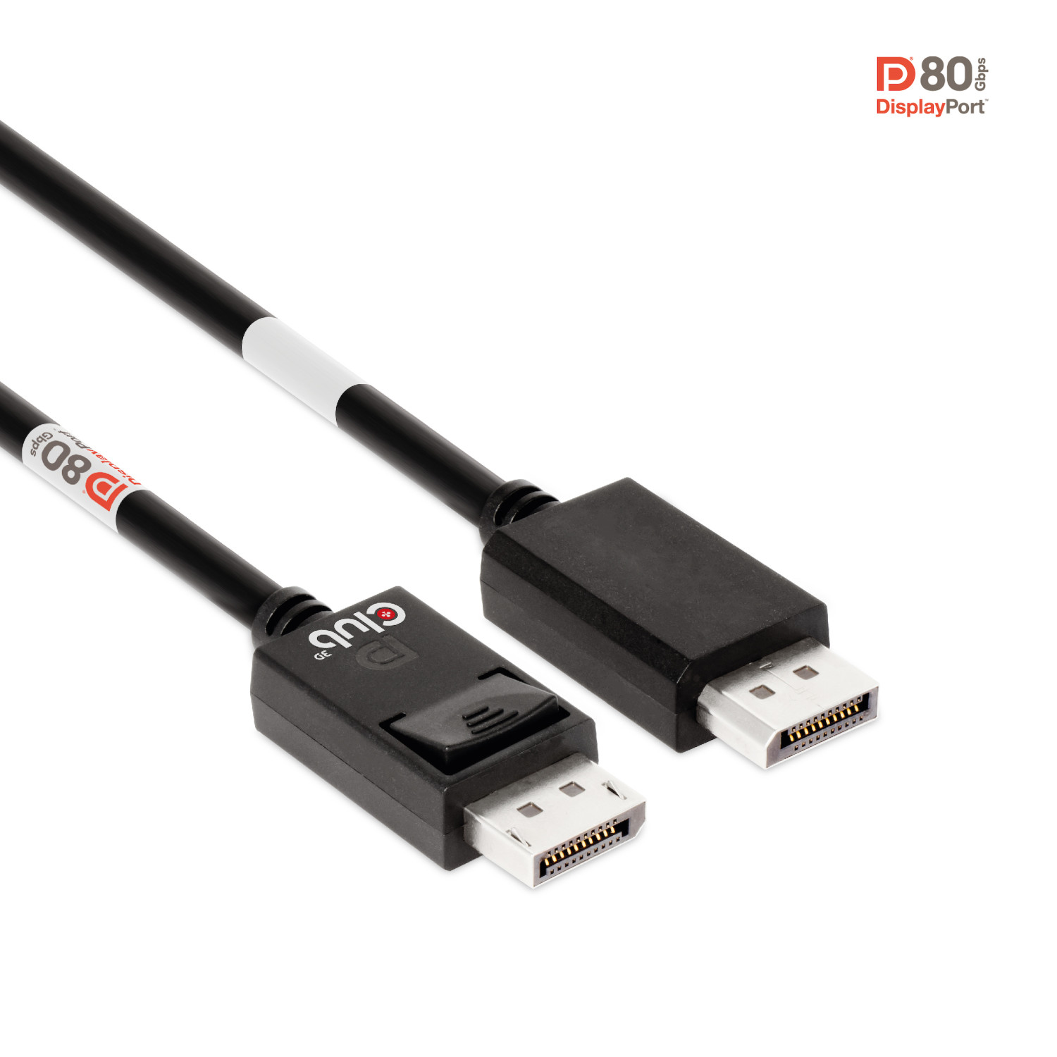Câble DisplayPort noir avec connecteurs argentés et marque 'D80 Club 3D'.
