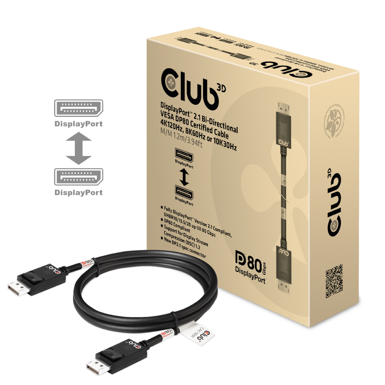 Un câble noir Club 3D DisplayPort 2.1, certifié DP80, repose devant son emballage.