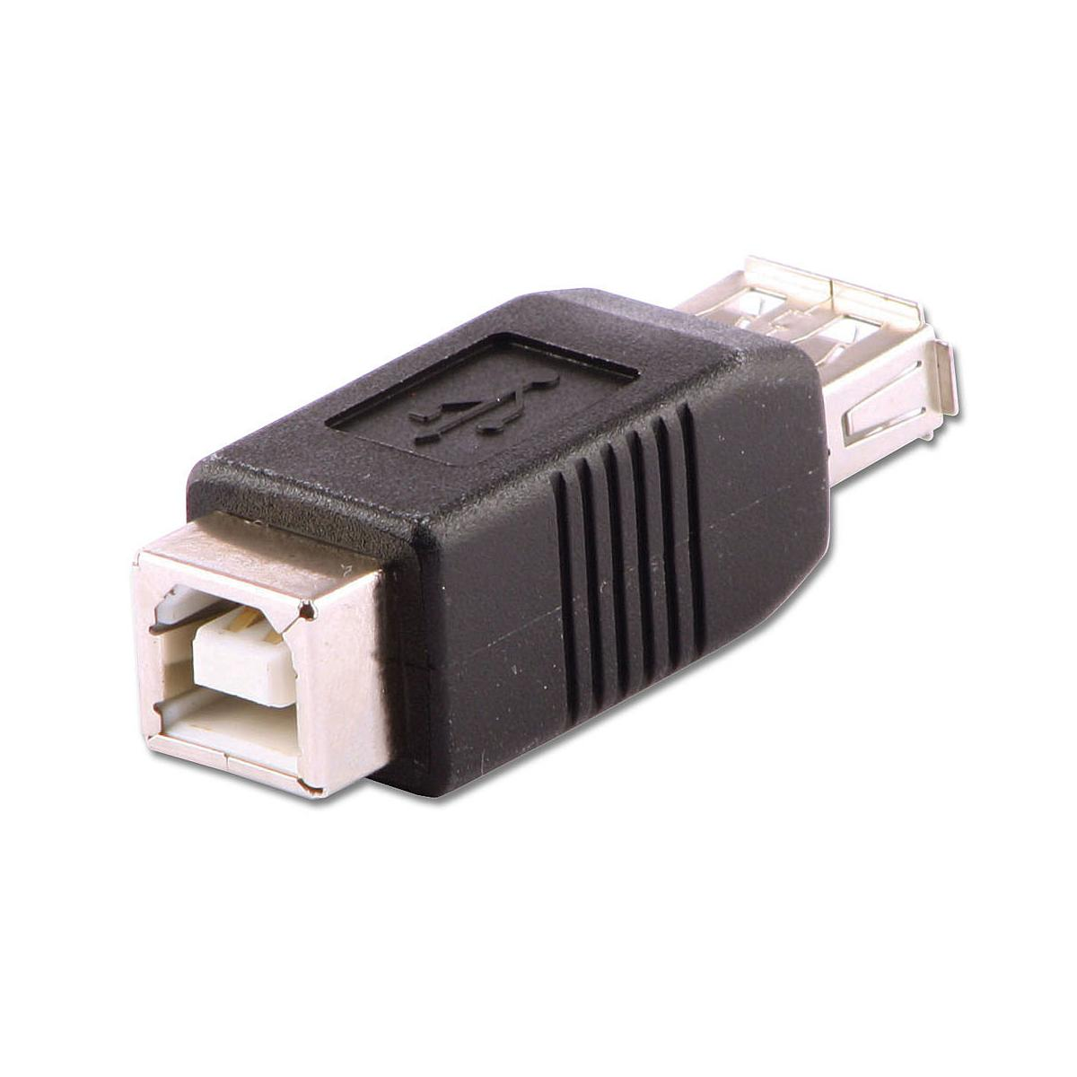 Adattatore USB nero con una spina maschio B e una porta femmina.