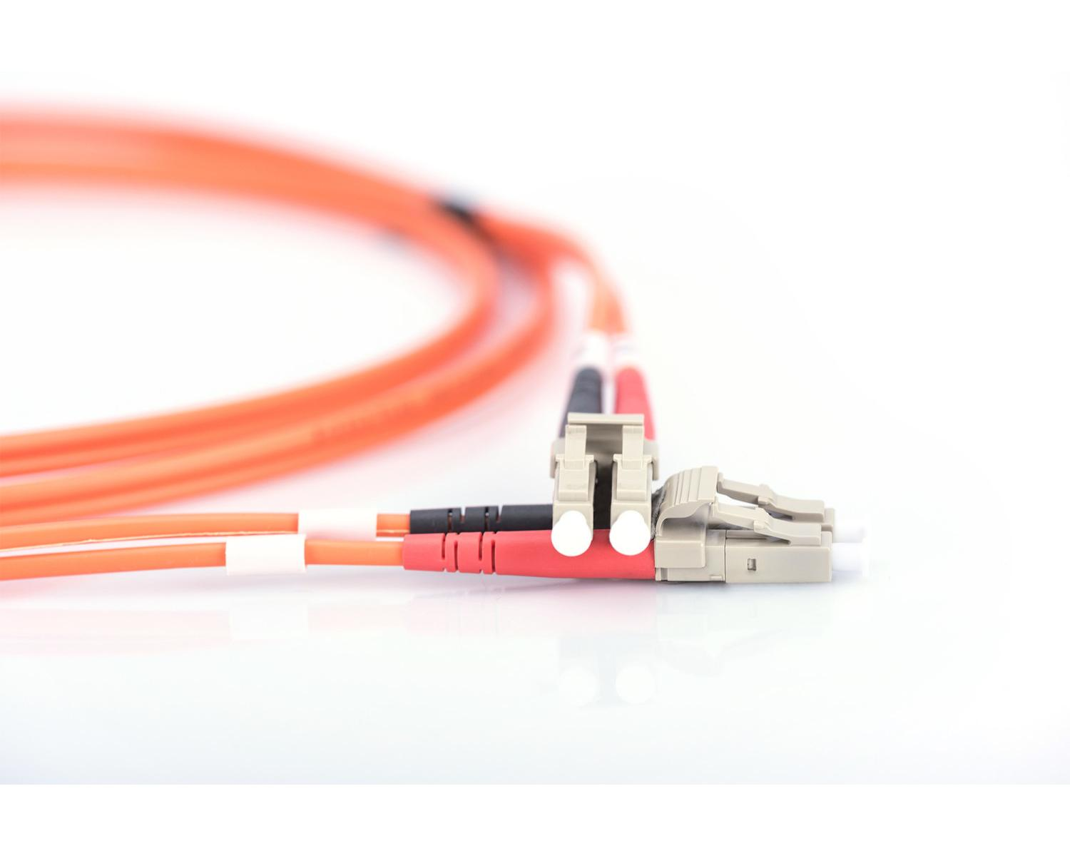 Cavi in fibra ottica arancioni con connettori beige e grigi su sfondo bianco.