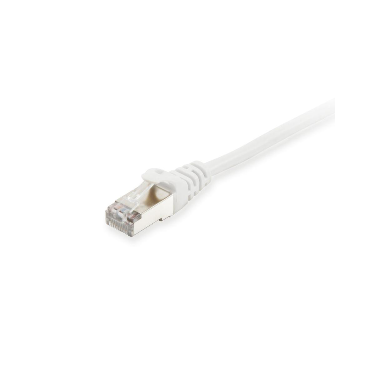 Un câble Ethernet blanc avec un connecteur RJ45 argenté.