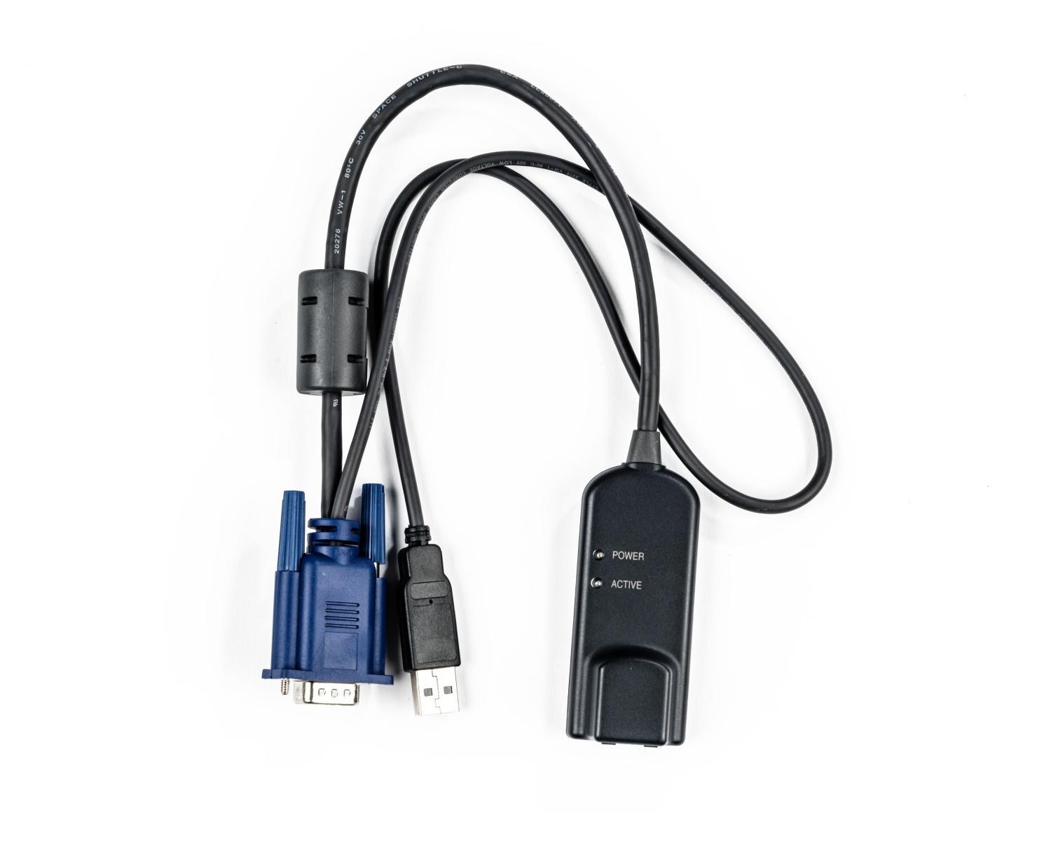 Un cavo nero con connettori VGA e USB e una scatola di controllo nera con LED.