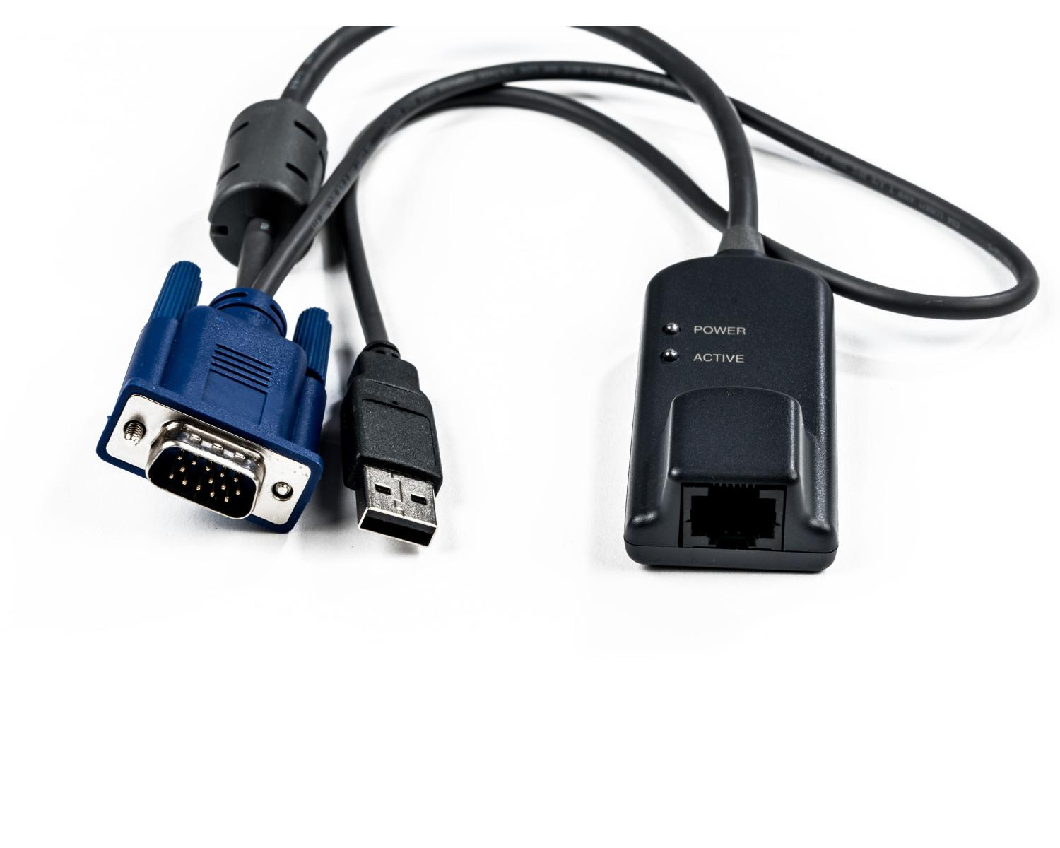 Un connettore VGA blu, un connettore USB nero e un adattatore nero con porta Ethernet.