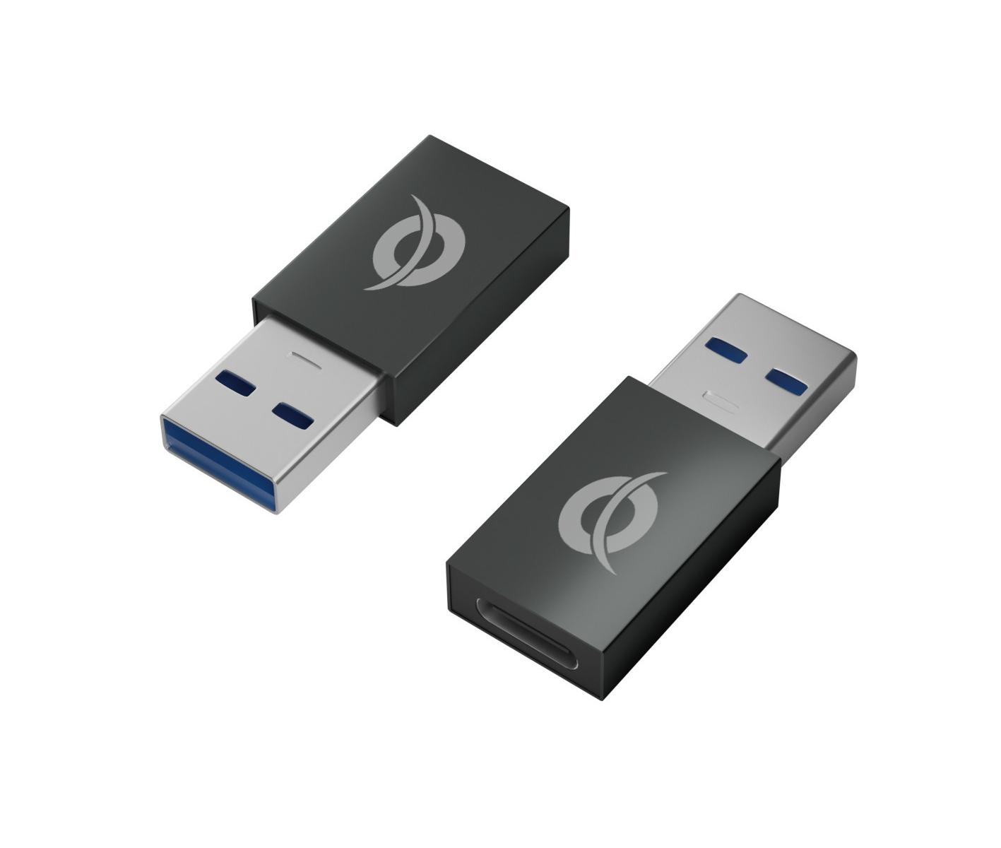 Due chiavette USB scure con connettori argentati e un logo.