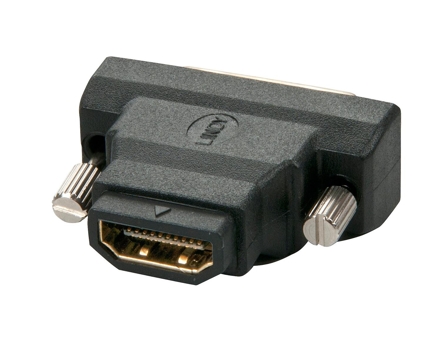 Adattatore HDMI a DVI nero con viti zigrinate e logo LINDY.