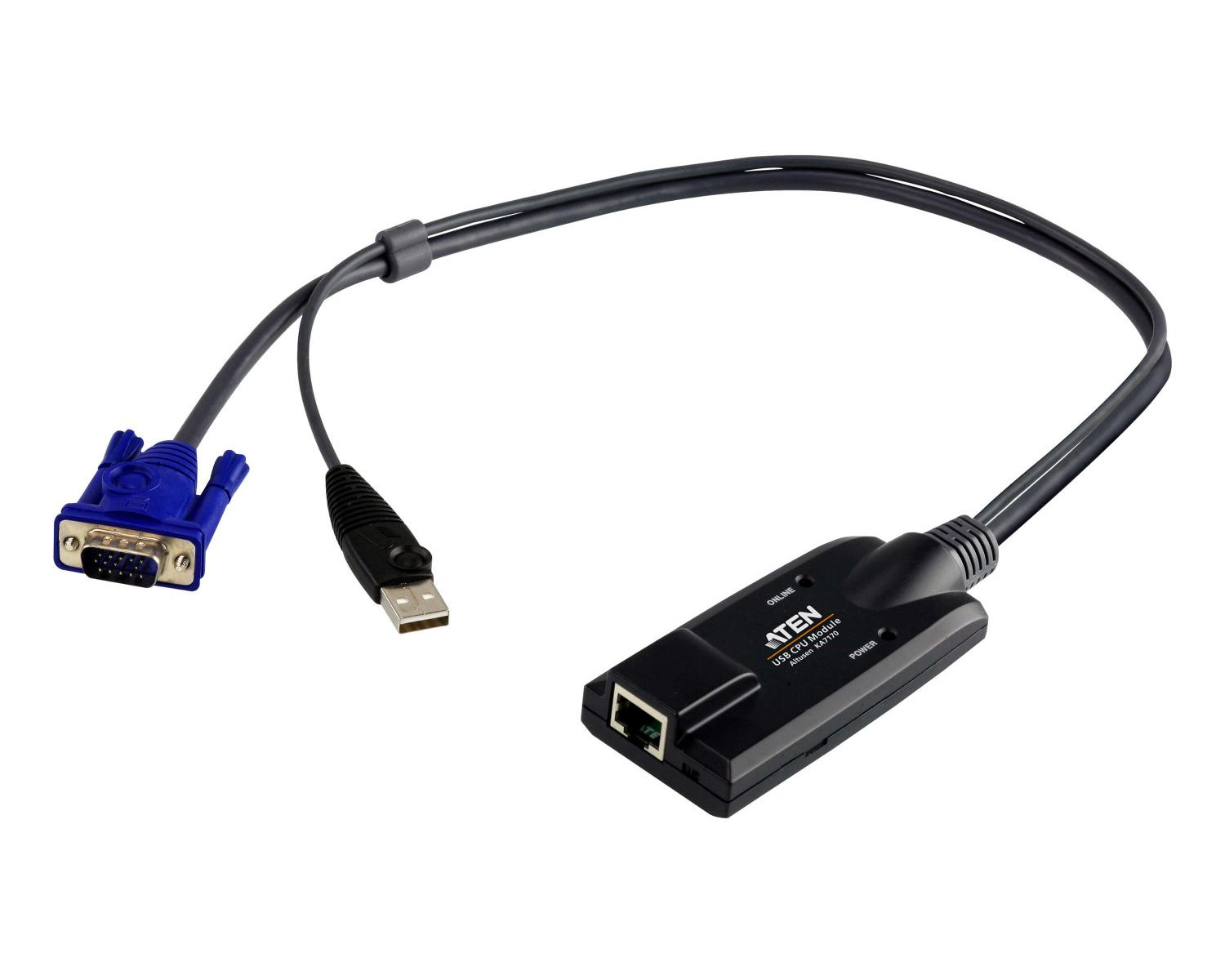 Un adattatore KVM nero con connettori VGA e USB blu.