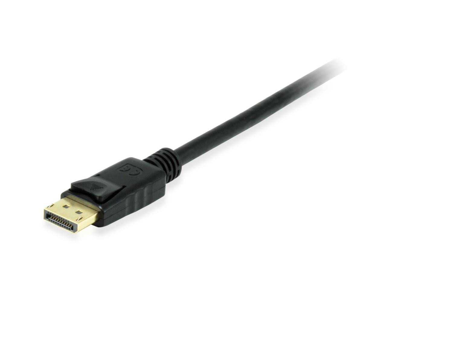 Ein schwarzes DisplayPort-Kabel mit goldenem Stecker auf weißem Hintergrund.