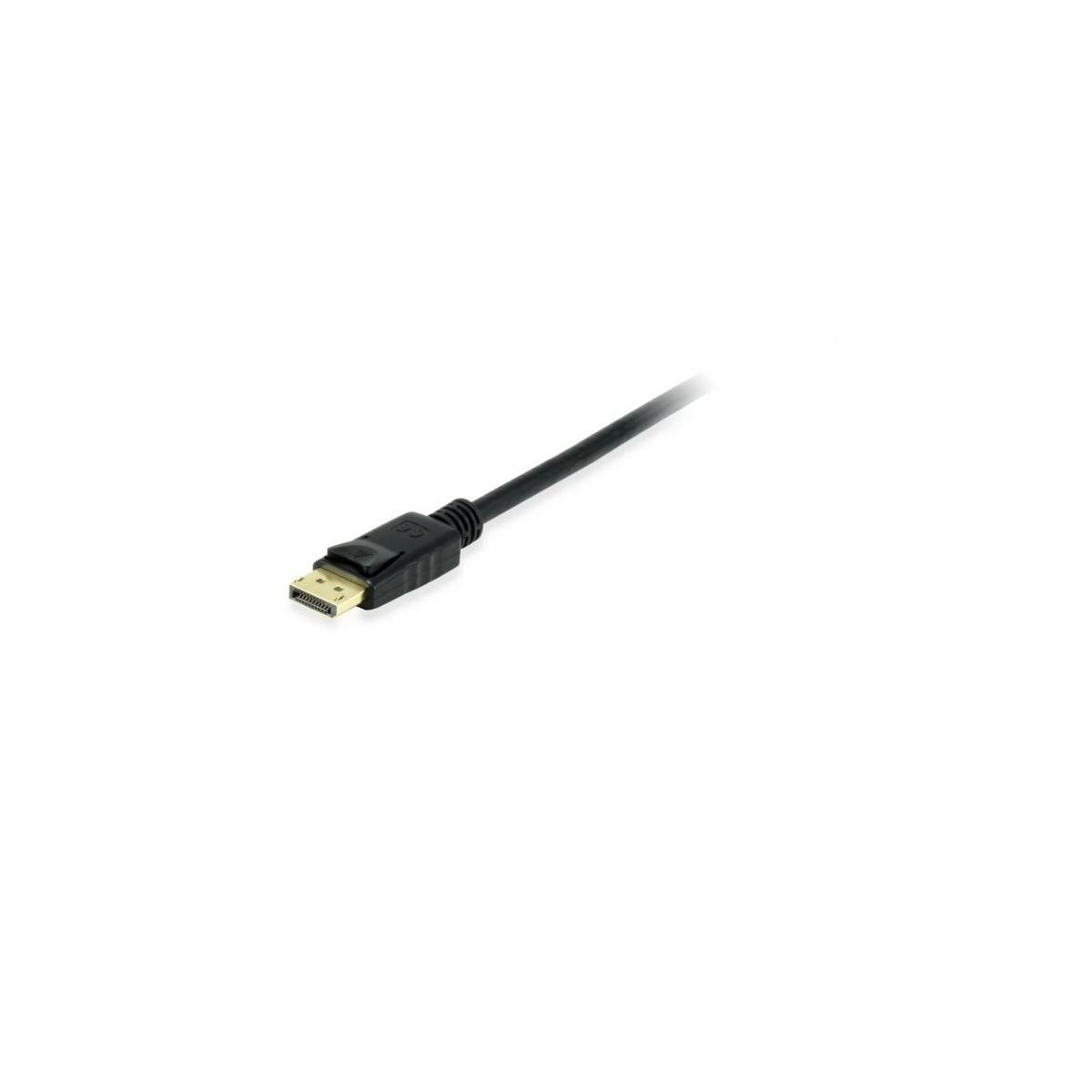 Een zwarte DisplayPort-kabel met een gouden connector op een witte achtergrond.