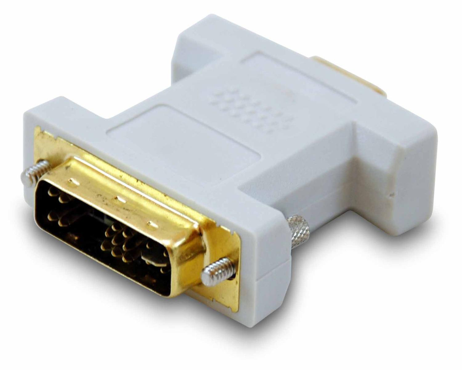 Un adattatore DVI a VGA bianco con connettori dorati e viti zigrinate.