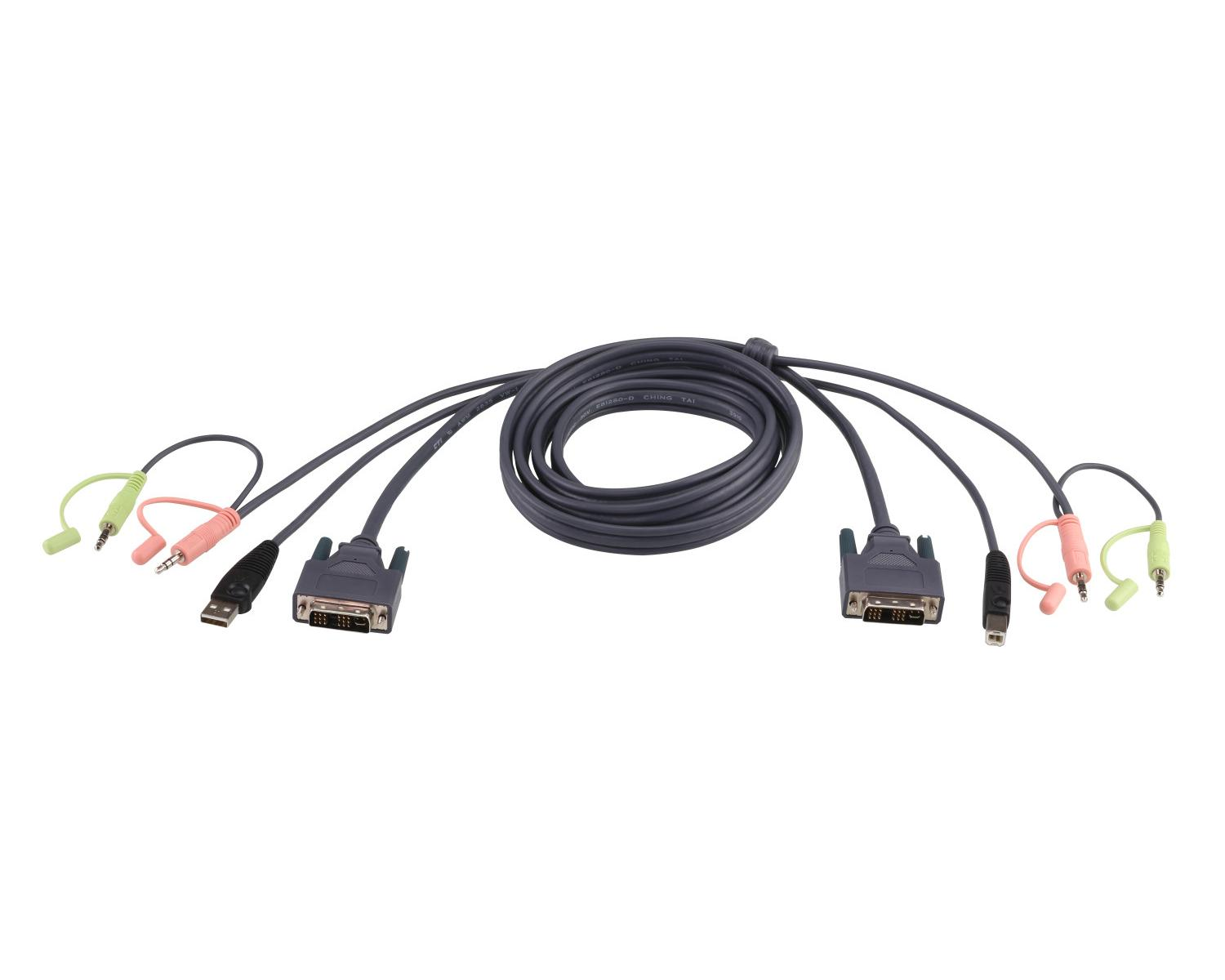 Un cavo nero con un connettore DVI, un USB e due audio da 3,5 mm.