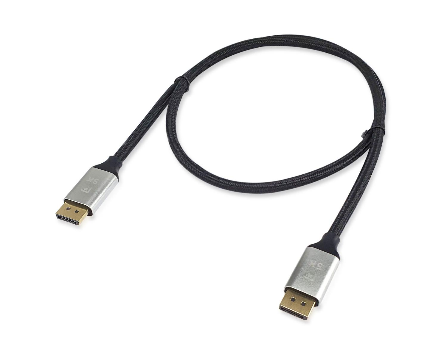Ein schwarzes, geflochtenes DisplayPort-Kabel mit silbernen Anschlüssen, 8K.