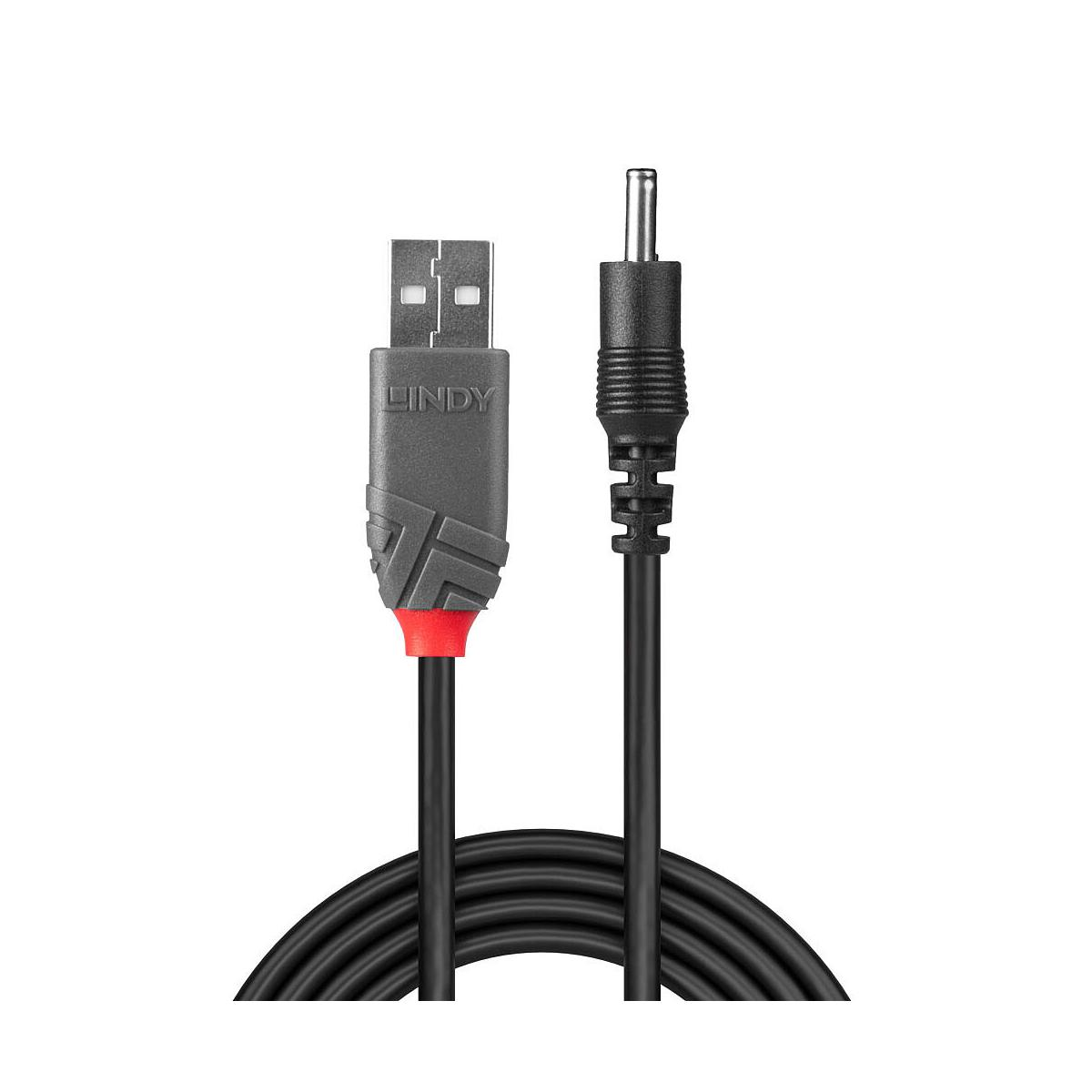 Un cavo di alimentazione USB a CC nero, con connettore USB grigio e connettore CC nero.