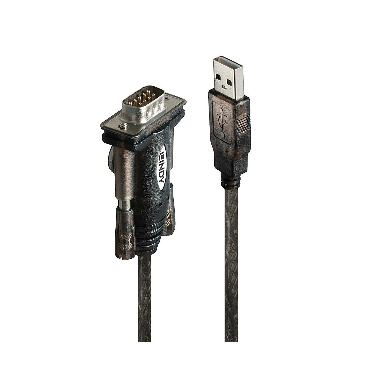 Un connettore USB-A e un connettore DB9 con cavo su sfondo bianco.