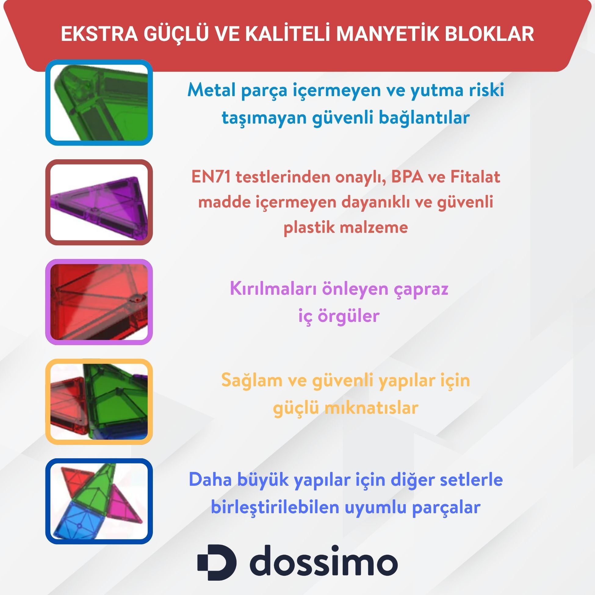 Çeşitli şekillerde renkli manyetik yapı taşları, güvenli ve dayanıklı.