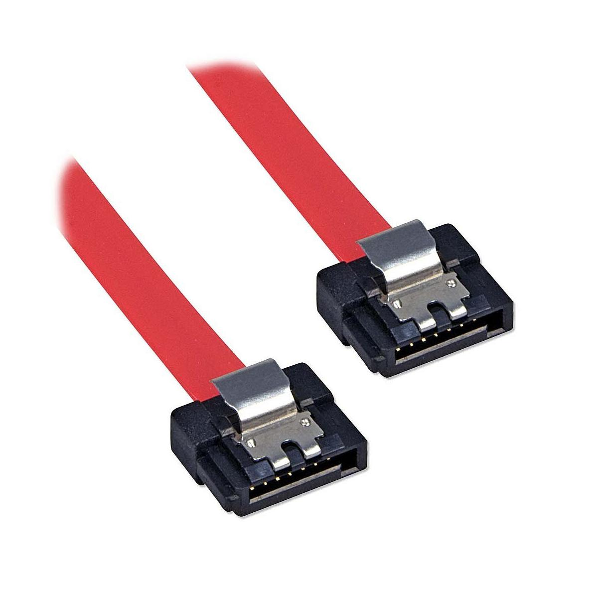 Due cavi SATA rossi con connettori neri e clip metalliche.