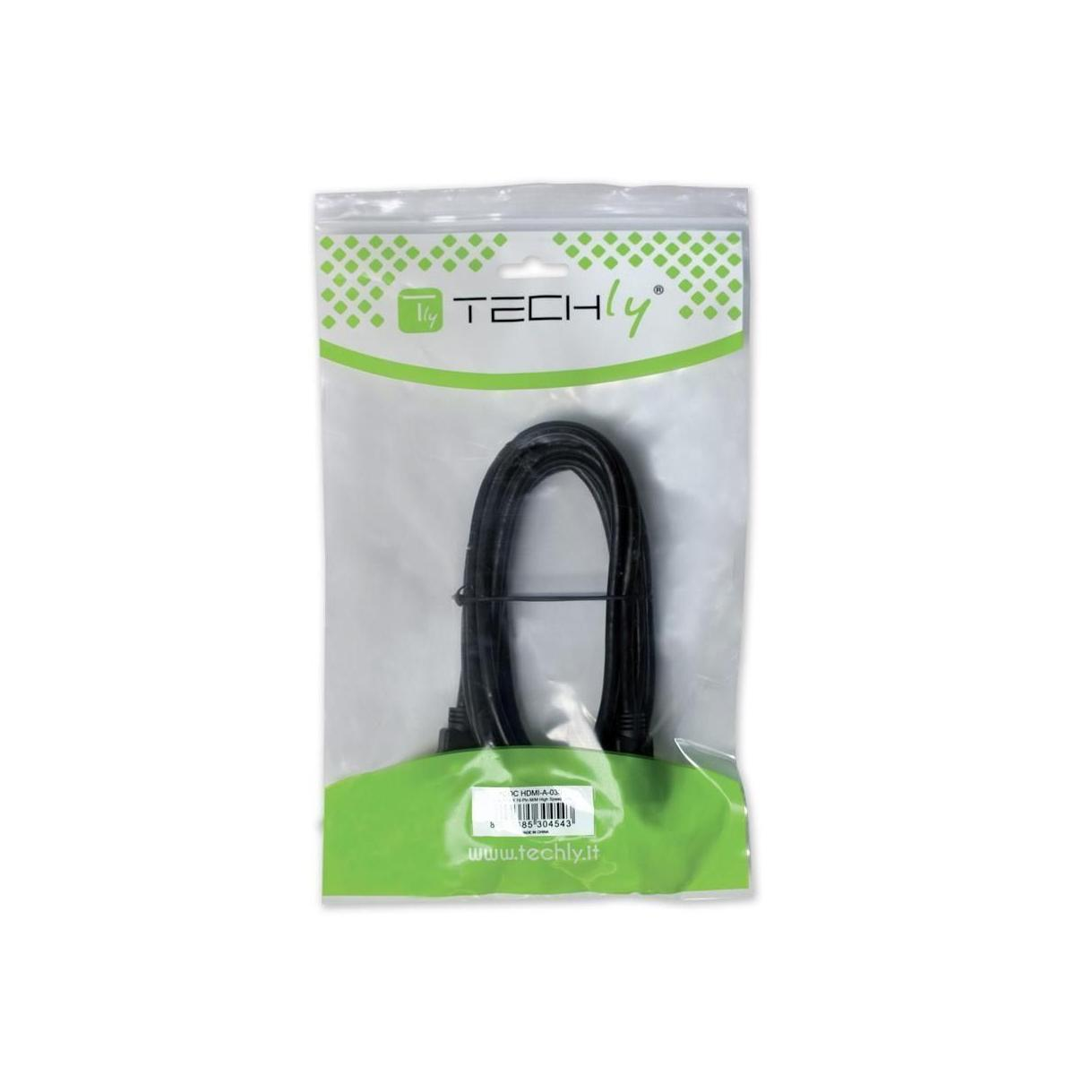 A black HDMI cable is packaged in a clear plastic bag.