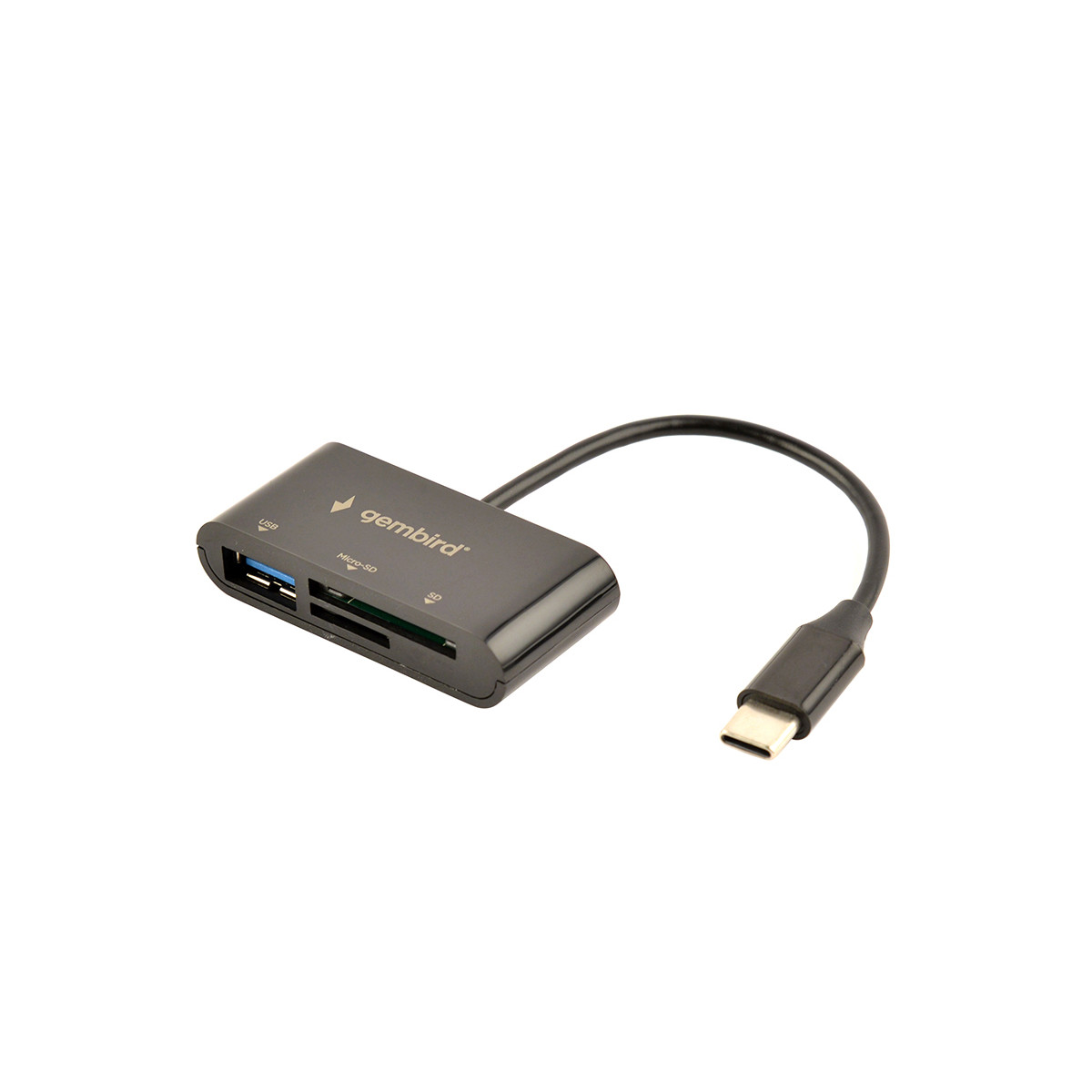 Un lettore di schede Gembird nero con slot USB-A, Micro-SD, SD e un connettore USB-C.