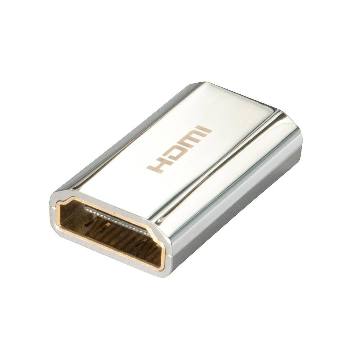 Adattatore HDMI argentato con logo in rilievo su sfondo bianco.