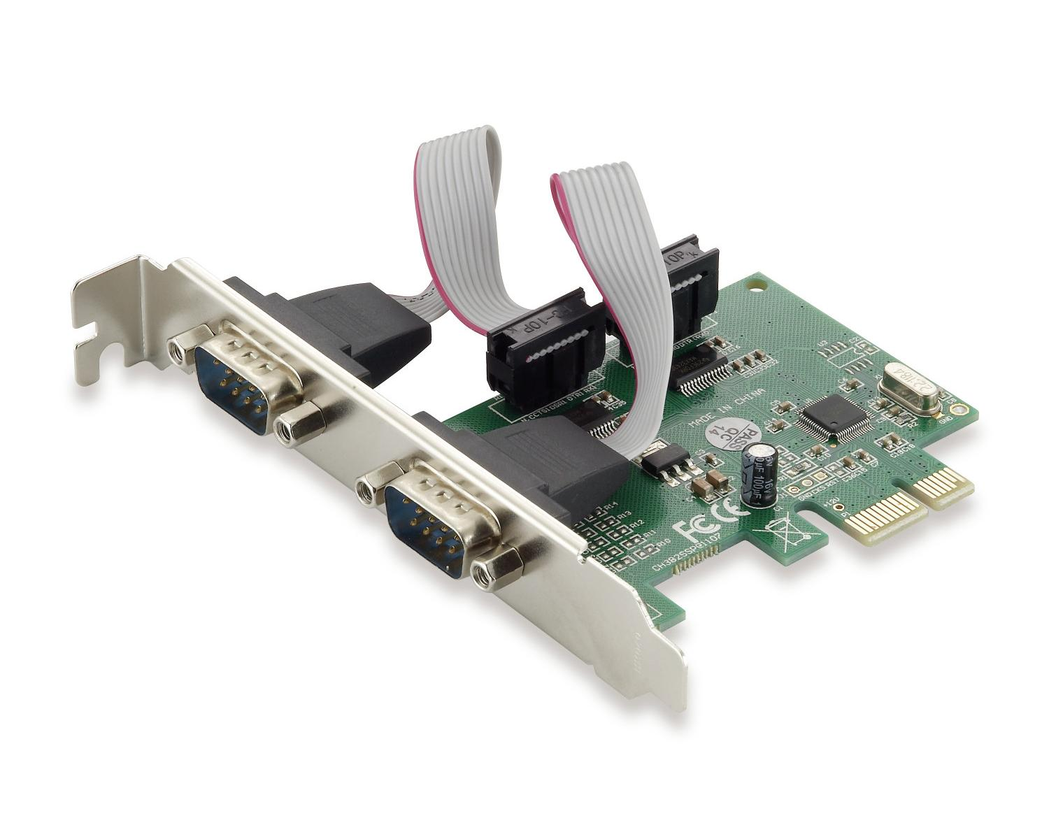 Una tarjeta de expansión verde para PC con dos puertos serie y cables planos grises.