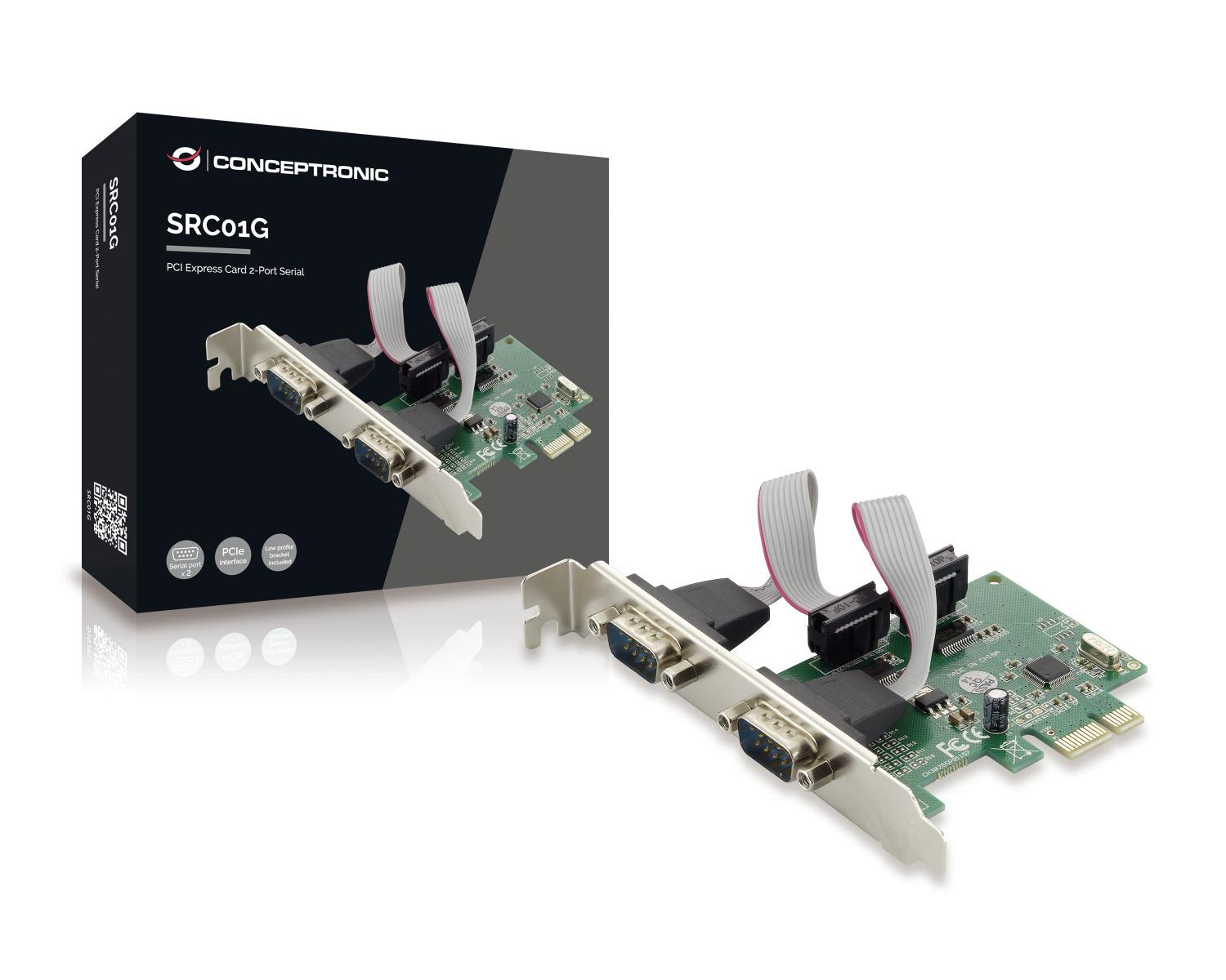 Tarjeta Serie PCI Express de 2 puertos Conceptronic con dos puertos y su embalaje.