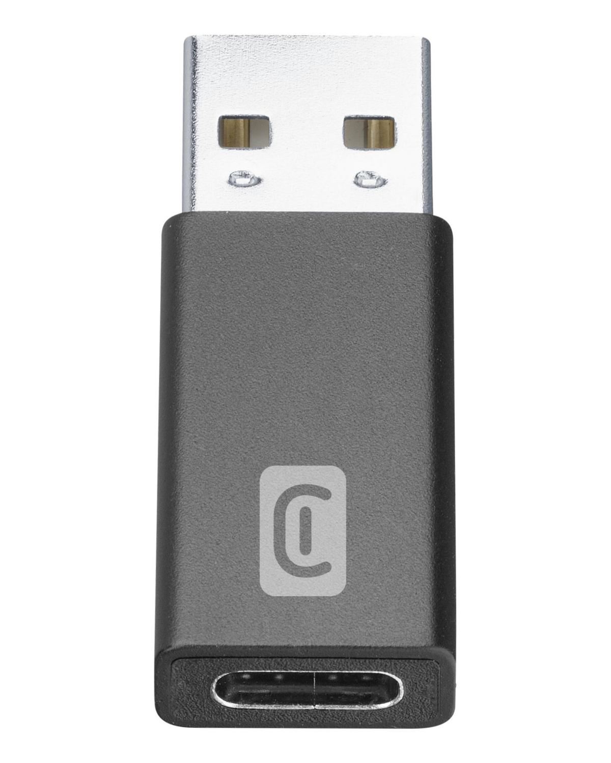 Un adaptador USB-C gris con un enchufe USB-A y un logo de círculo.