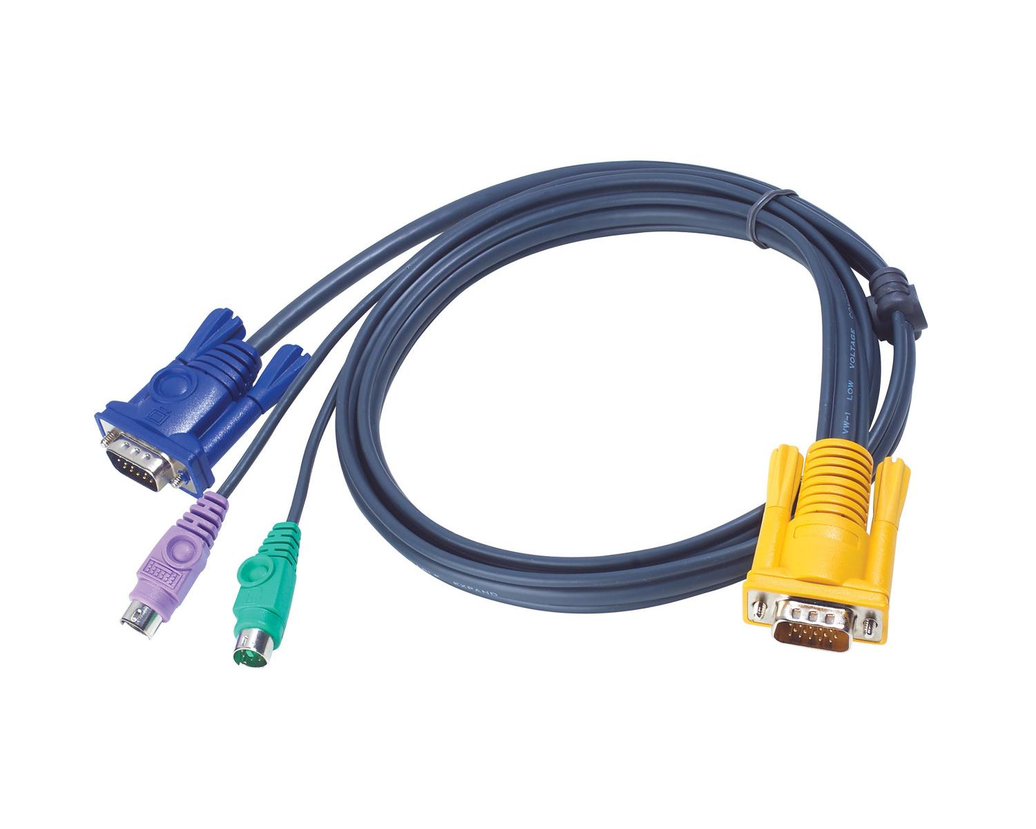 Un connettore VGA blu, uno viola e uno verde PS/2 su un cavo.