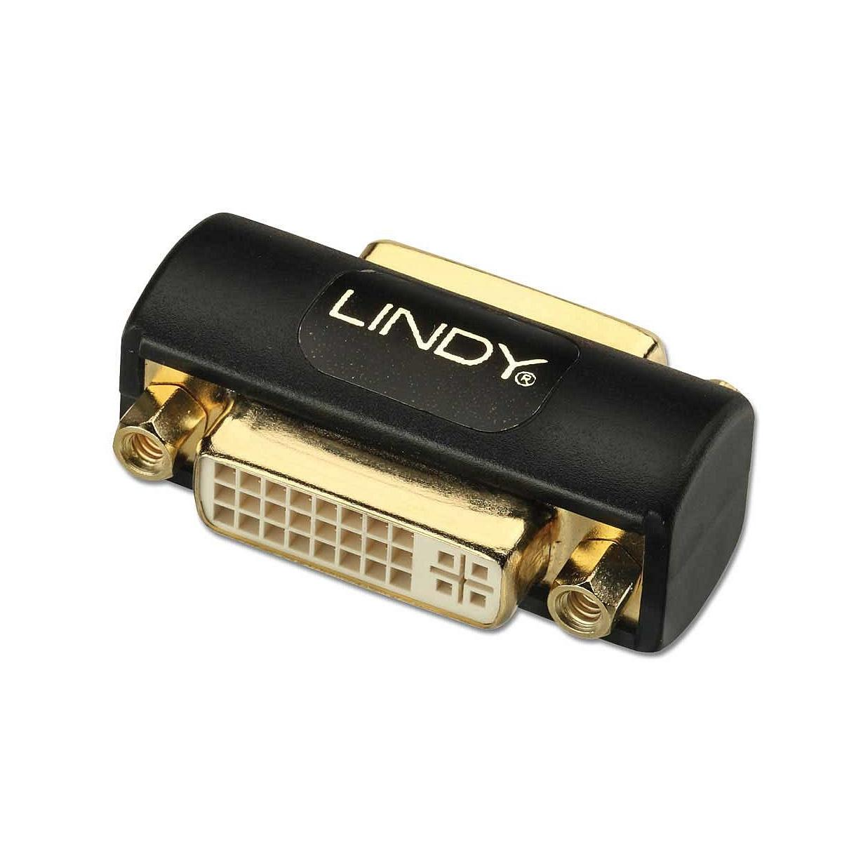Ein schwarzer Lindy-Adapter mit goldenen Anschlüssen, isoliert auf weißem Hintergrund.