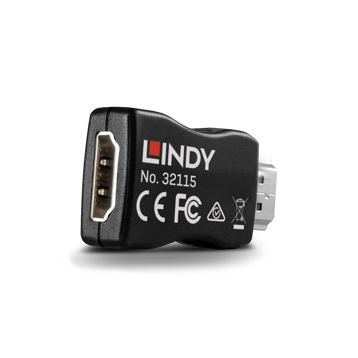 Adattatore Lindy nero con porta HDMI e marchi.
