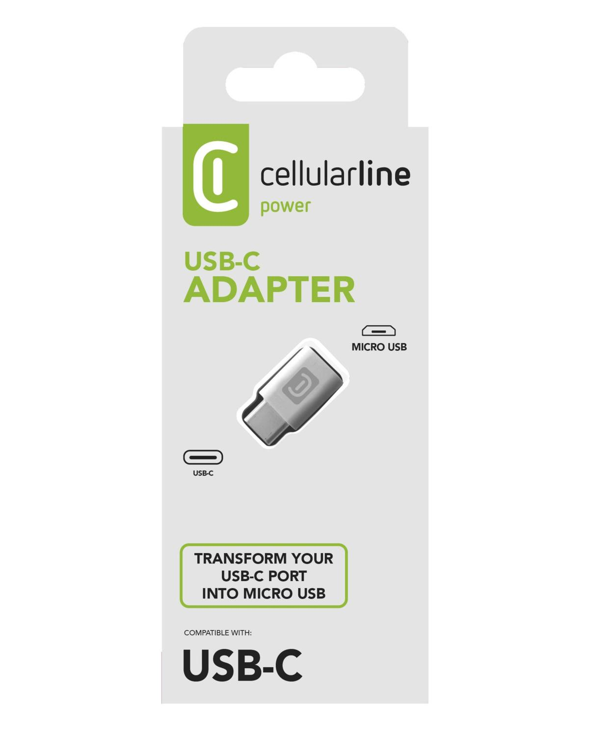 Confezione adattatore Cellularline da USB-C a Micro USB. Mostra adattatore e loghi.