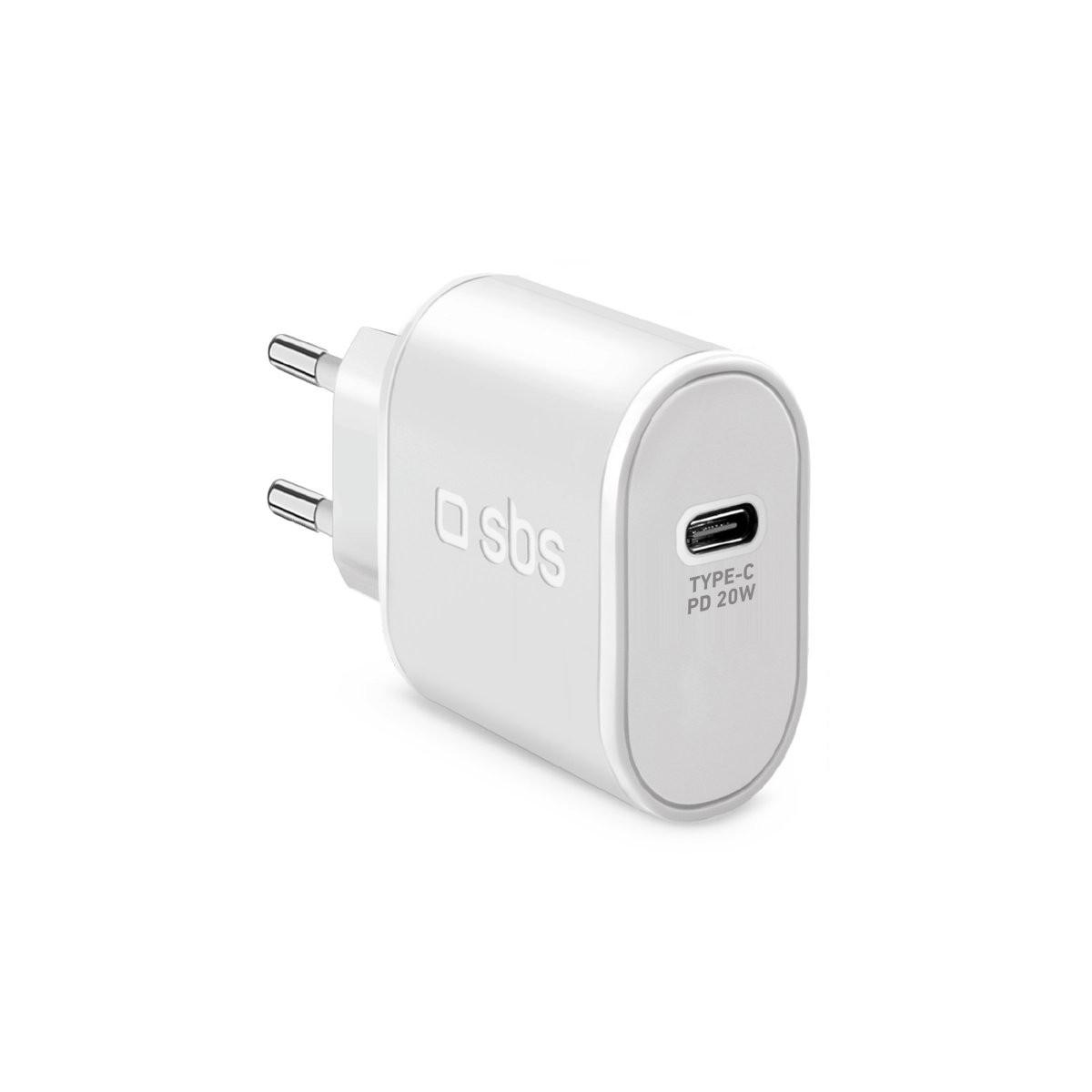 Un caricatore bianco SBS USB-C PD 20W con due pin piatti.
