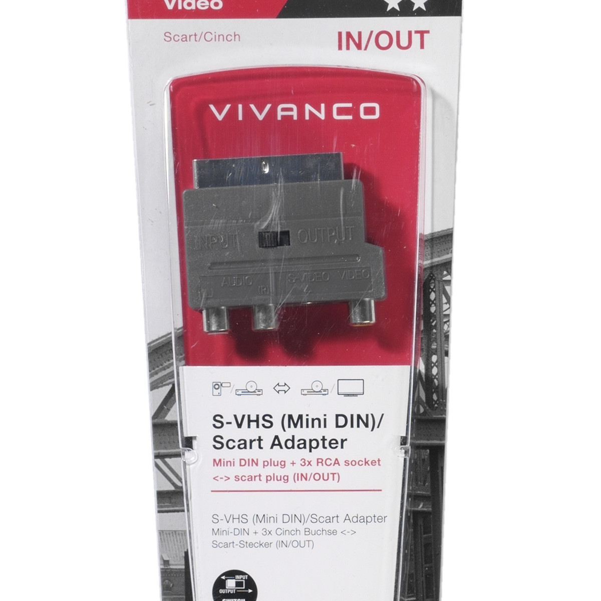 VIVANCO S-VHS Mini DIN auf Scart Adapter mit 3x Cinch Buchsen.