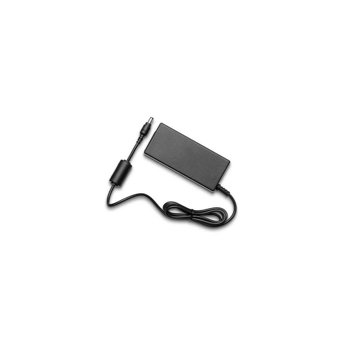 A black laptop power adapter with cable on a white background.