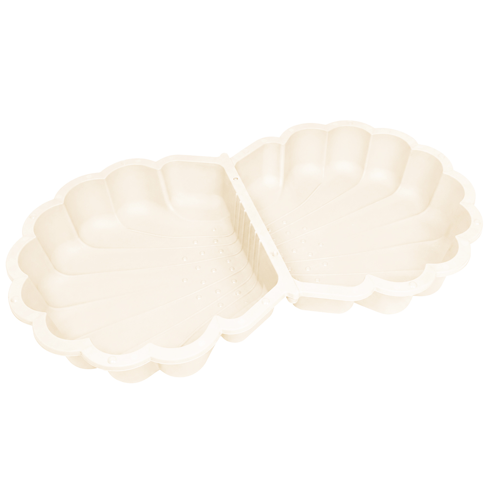 Eine cremefarbene Muschelform mit zwei Kammern auf weißem Hintergrund.